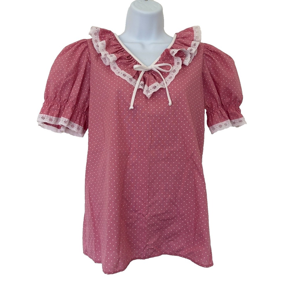 Vtg Malco Modes Blouse Small Pink Polka Dot Retro Pin Up Coquette Rockabilly